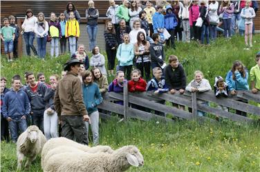 Thema Wolf vertieft: Schülerinnen und Schüler des Ultentales mit Hirte Martin Unterkofler bei der Abschlussveranstaltung in St. Walburg.