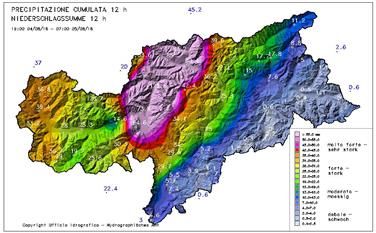 Die größte Niederschlagsmenge wurde heute bis 10.30 Uhr in St. Martin in Passeier mit 130 Litern pro Quadratmeter verzeichnet - das übertrifft die durchschnittliche Menge für den ganzen Monat August. Karte: © Landeswetterdienst