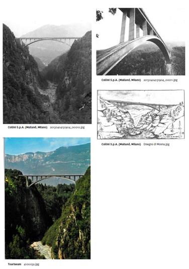 Historische Bilder der Aldeiner Brücke: Die horizontale Trasse der Aldeiner Brücke mit einer Bogenspannweite von 120 Meter liegt wie ein ruhiger Horizont im schrof­fen Gelände