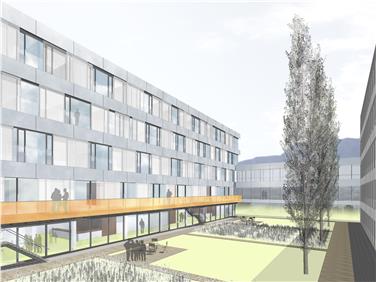 Die neue Klinik des Krankenhauses Bozen ist das aktuell größte Bauvorhaben Südtirols. Rendering: LPA/Amt f. Sanitätsbauten