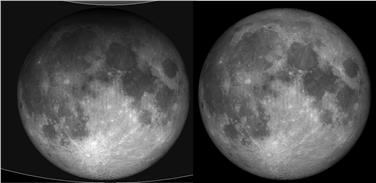 Links: Mond im Halbschatten der Erde mit leichter Verdunkelung am nördlichen Rand; rechts: Gewöhnlicher und von der Sonne voll beleuchteter Vollmond - Foto: Planetarium